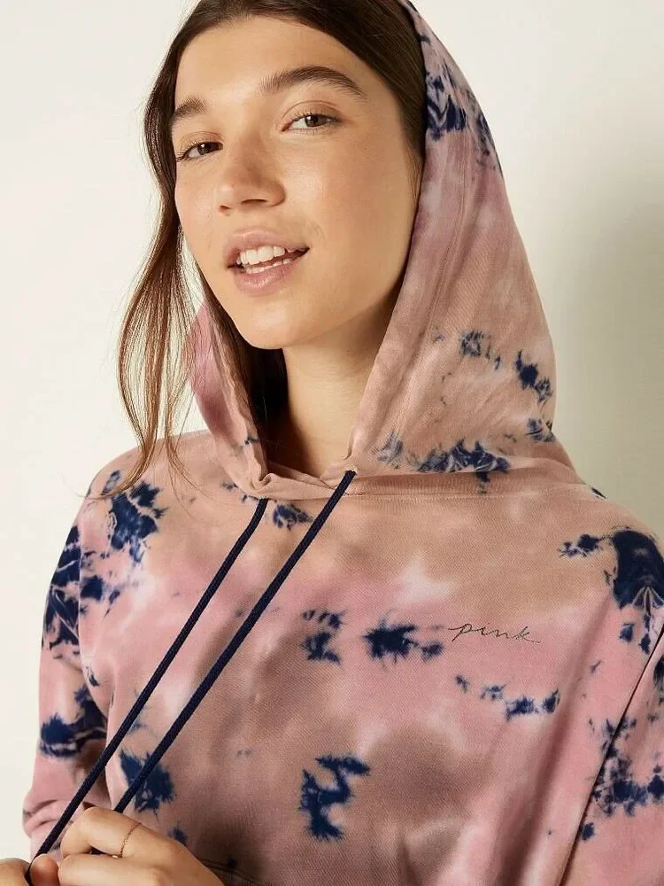 VS VICTORIAS SECRET PINK VARSITY PULLOVER HOODIE TEE SWEATER TOP TIE DYE XL